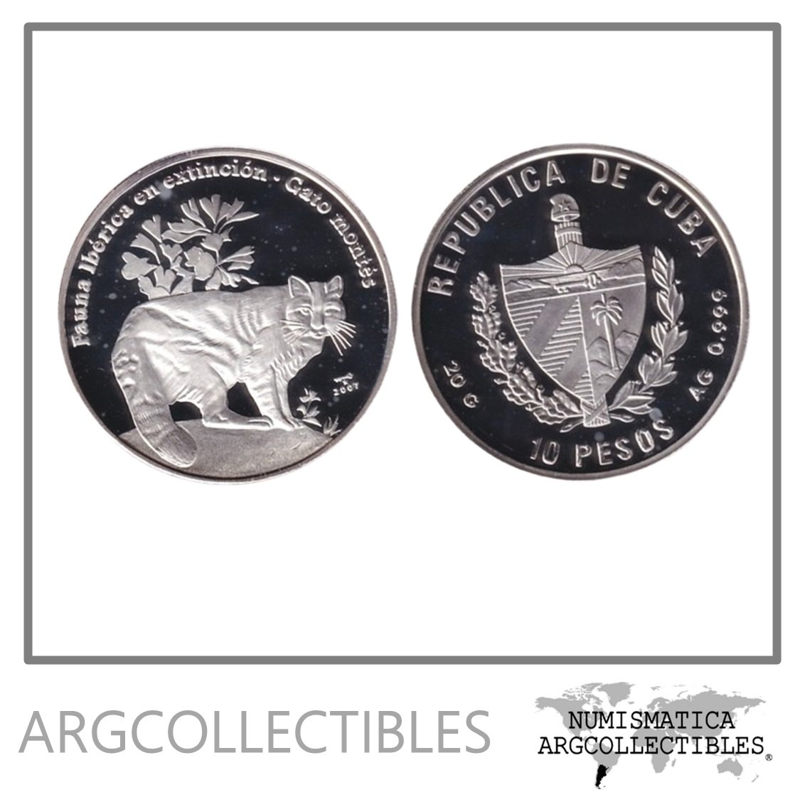 Cuba Moneda 10 Pesos 2007 Plata 999 -20gr Fauna Iberica Gato Montes KM-890 Proof