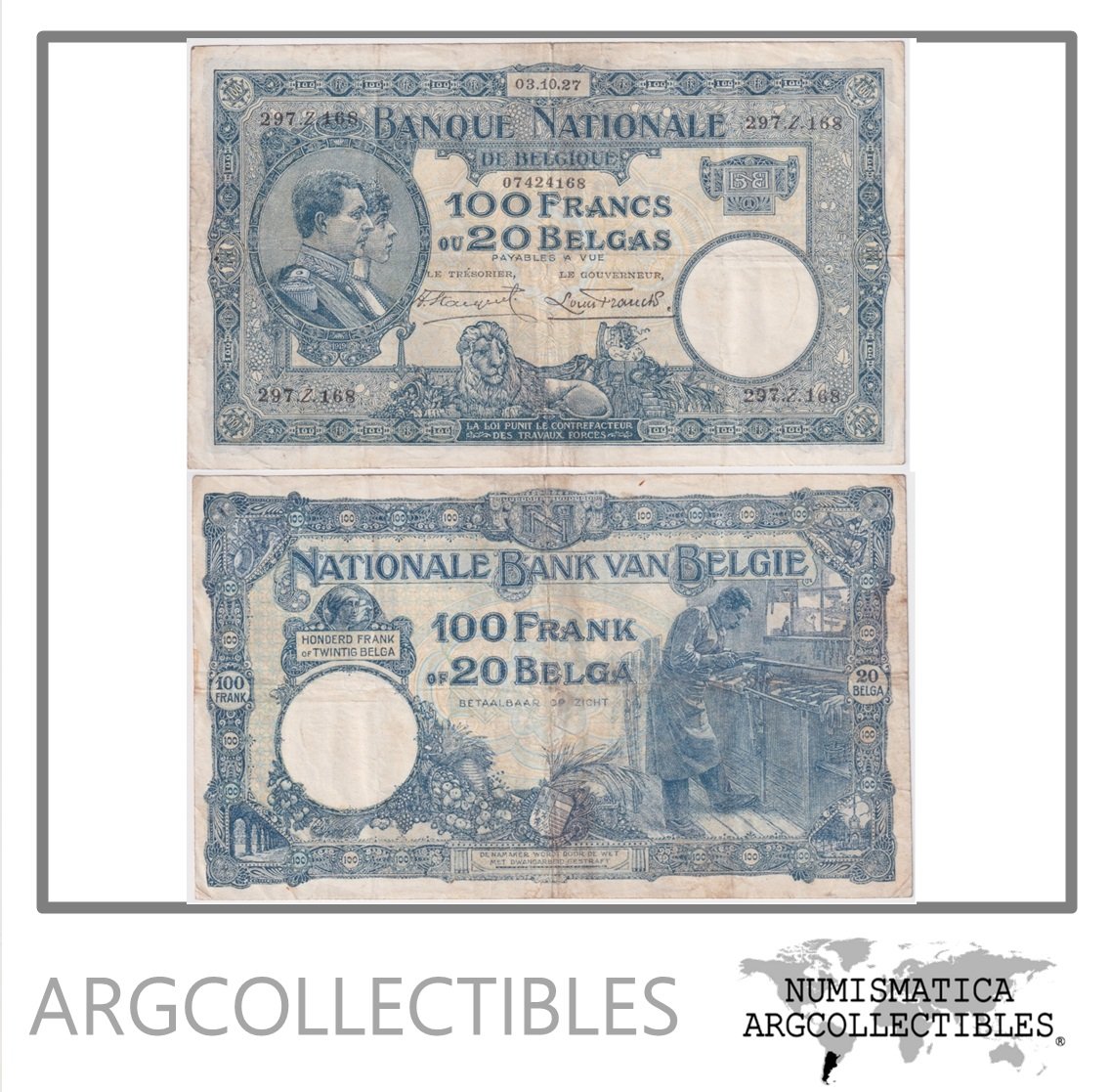 Belgica Billete 100 Francos 1927 P-102 VF