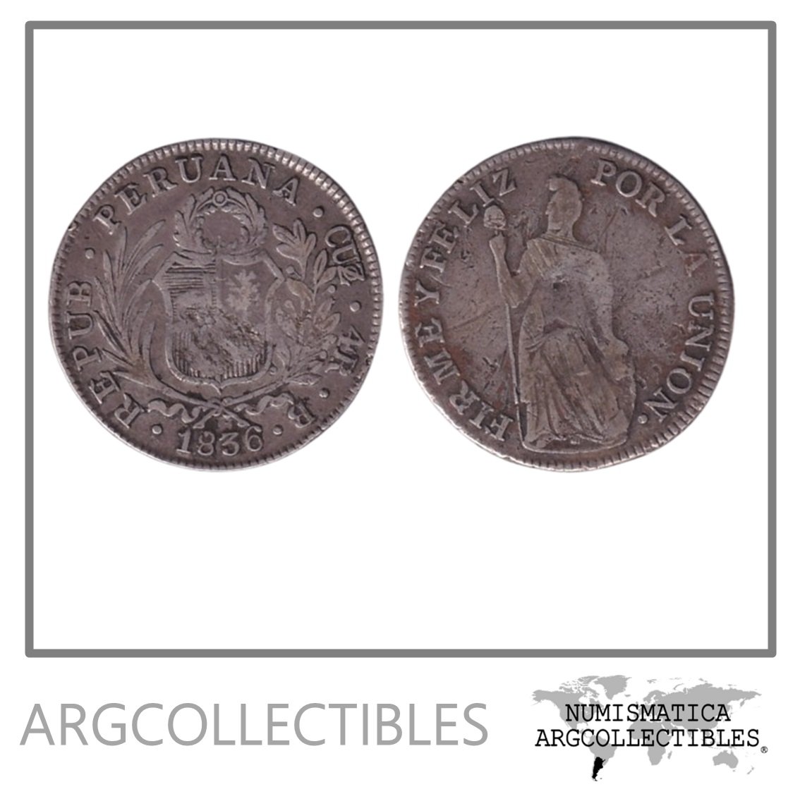 Peru Moneda 4 Reales 1836B Plata 667-12.9 gr Cruzo KM-151.1 F+