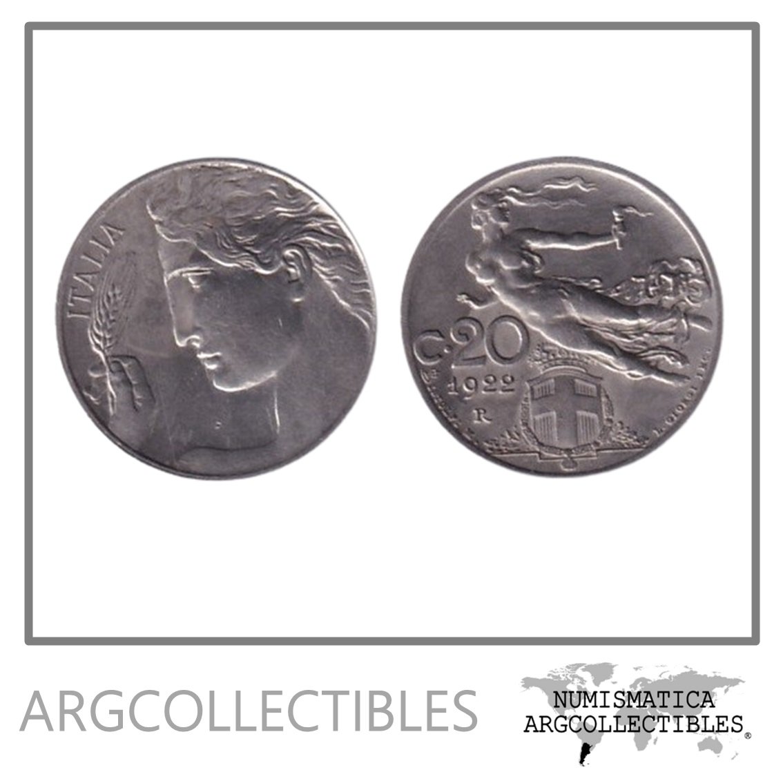 Italia Moneda 20 Centesimos 1922 Victoria Escudo Savoy Niquel KM-44 AU