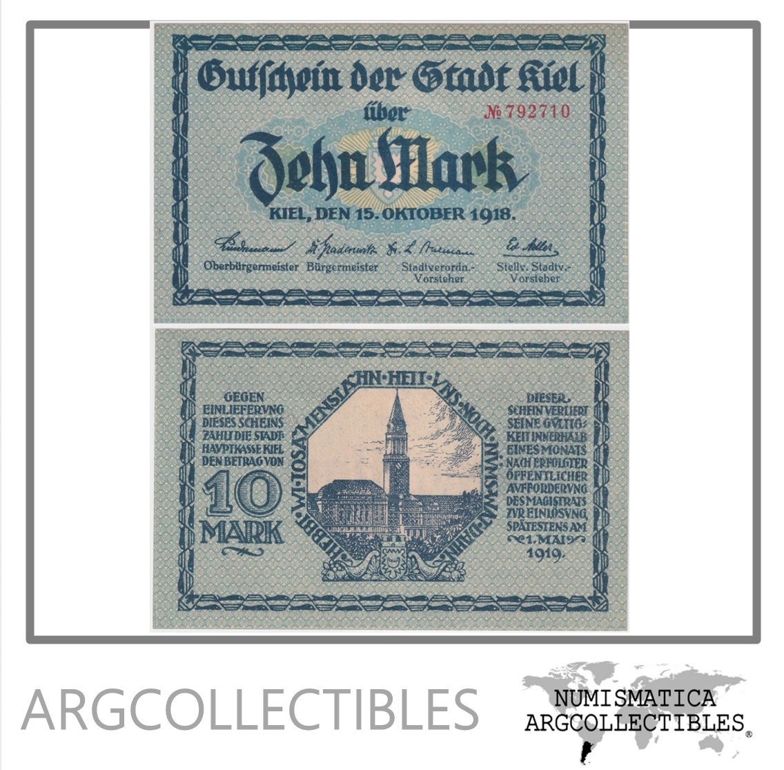 Alemania Billete 10 Marcos 1918 Notgeld Ciudad Kiel UNC