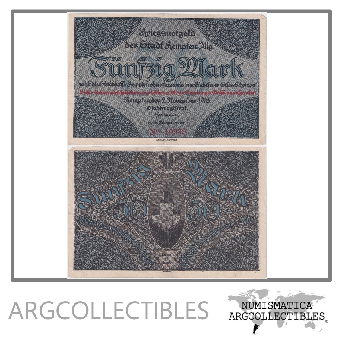 Alemania Billete 50 Marcos 1918 Notgeld Ciudad Kempten XF