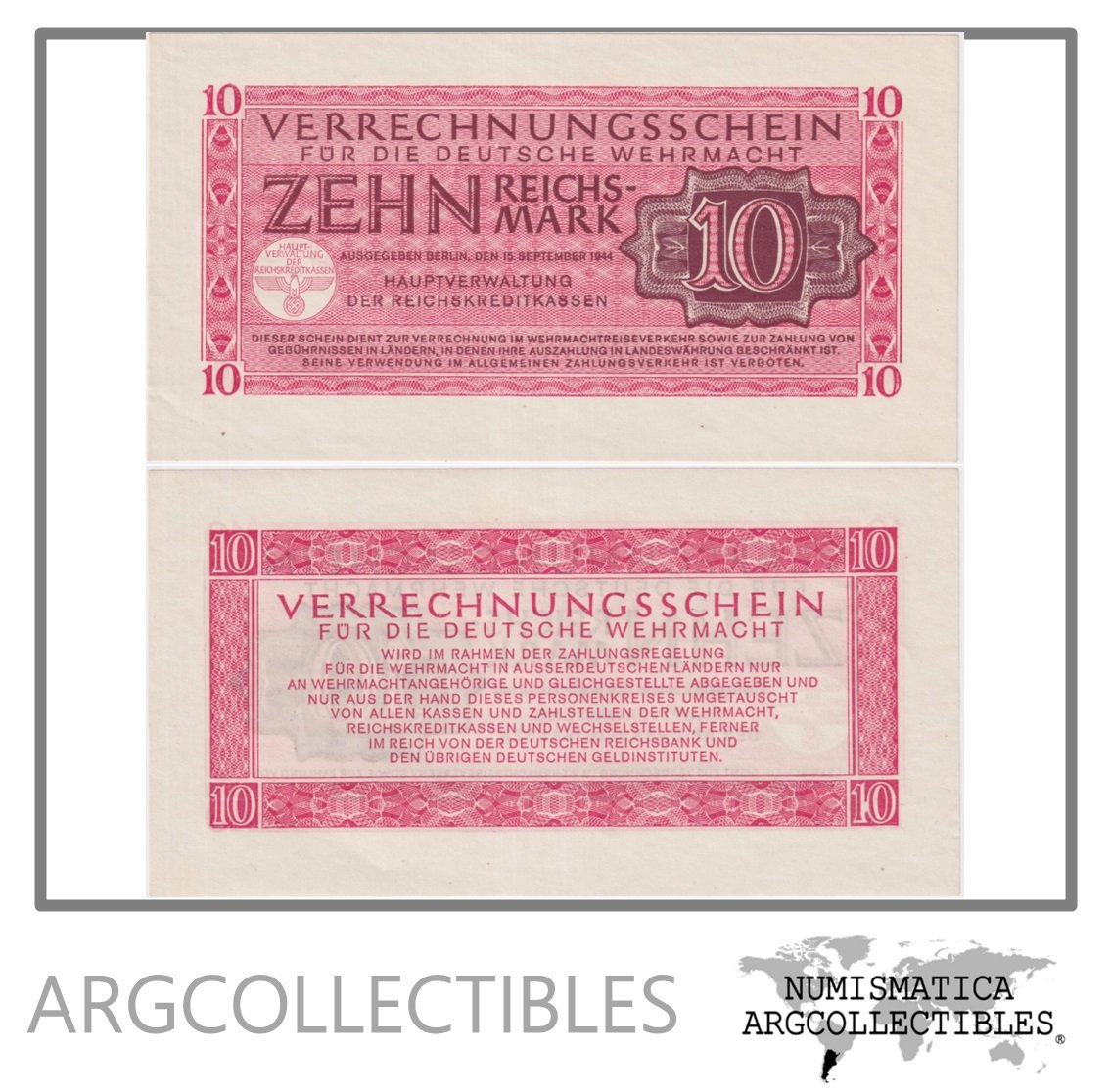 Alemania Nazi Billete 10 Marcos 1944 P-M40 UNC (Pago Militar)