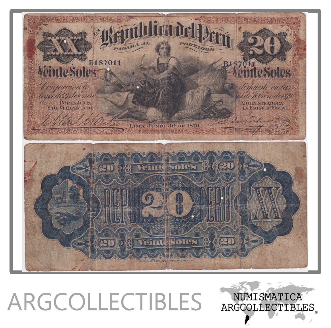 Peru Billete 20 Soles 1879 P-6 F