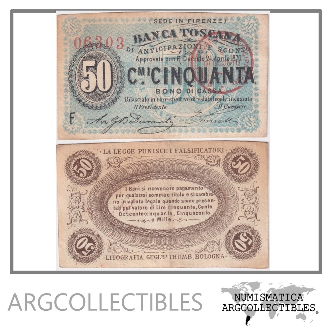 Italia Billete 50 Centesimos 1870 Toscana XF