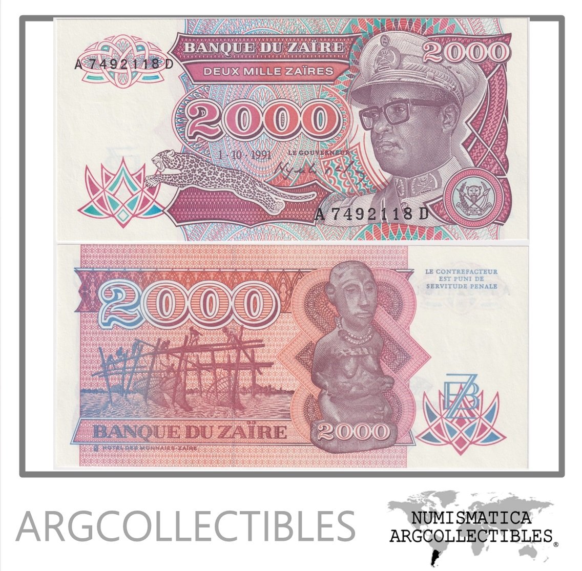 Zaire Billete 2.000 Zaires 1991 P-36 UNC