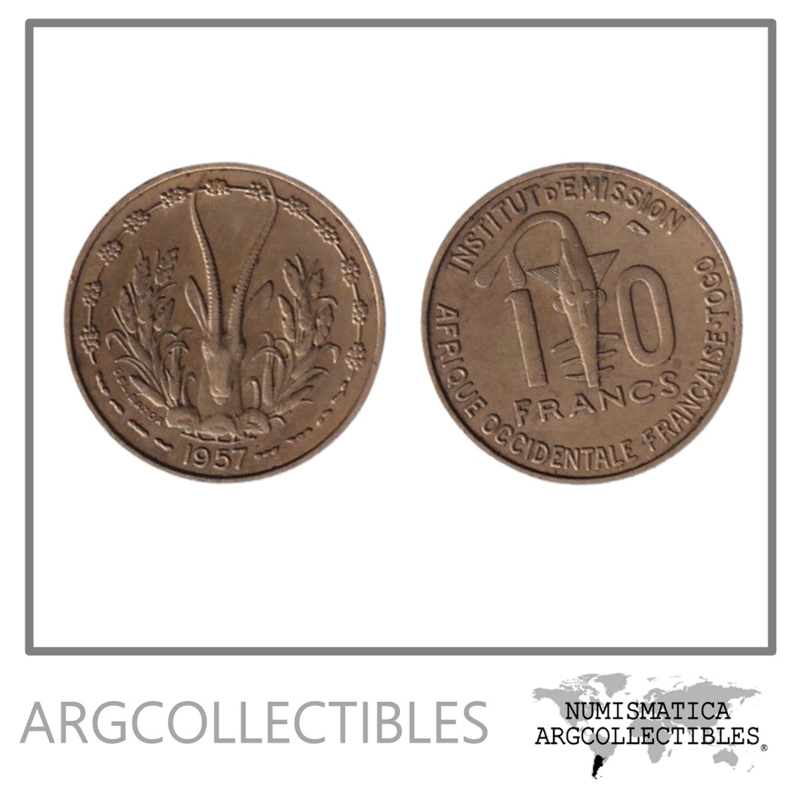 Africa Occidental Francesa Togo Moneda 10 Francos 1957 Cobre KM-8 VF+