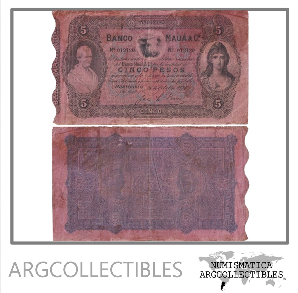 Uruguay Billete 5 Pesos 1875 P-S-305 VF- (Banco Maua)