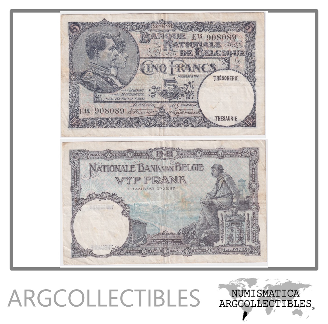 Belgica Billete 5 Francos 1931 P-97b VF+