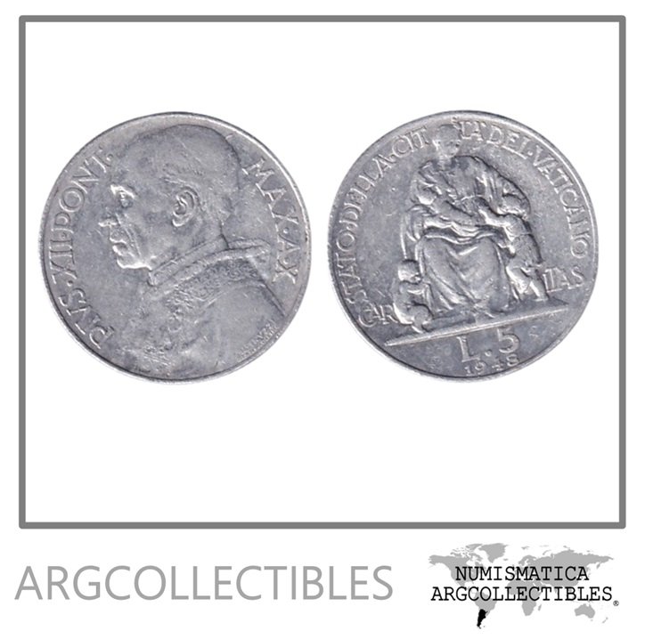 Vaticano Moneda 5 Liras 1948 Papa Pio XII Aluminio KM-42 XF