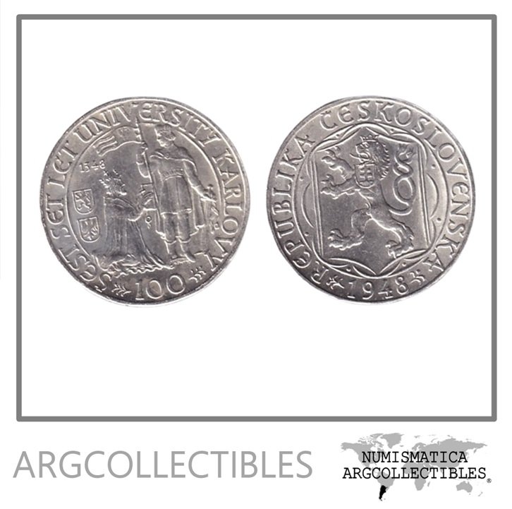 Checoslovaquia Moneda 100 Coronas 1948 Plata 500 / 600 Aniversario Universidad Carlos KM-26 UNC