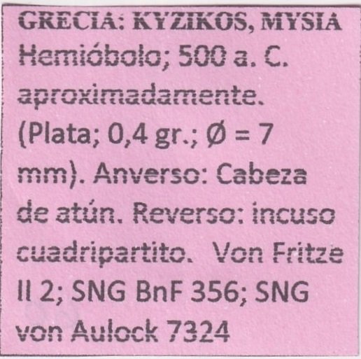 Grecia Kyzikos Mysia Moneda Hemiobolo 500 AC PLATA - Imagen 2