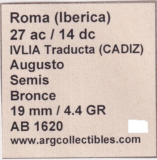 Roma (Iberica) Moneda 27 ac - 14 dc IVLIA Traducta (Cadiz) Augusto Semis Bronce AB 1620 - Imagen 2