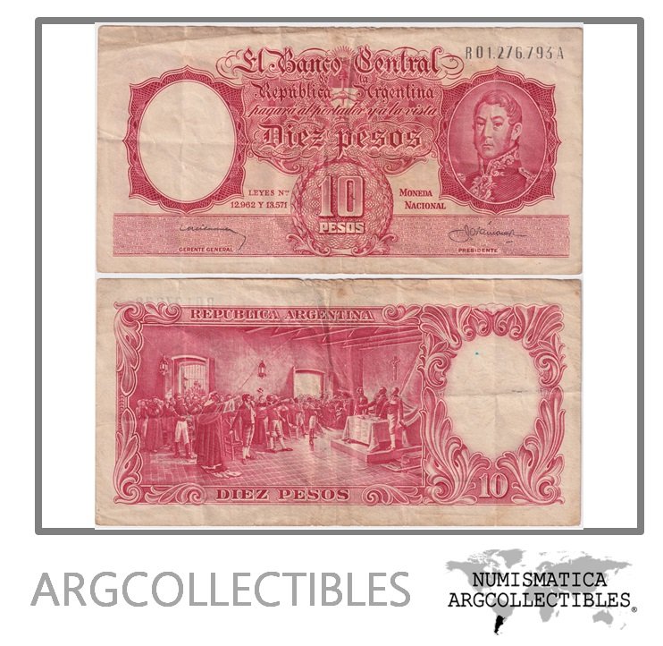 Argentina Billete 10 Pesos 1958 P-270a/BOT-1963 F+ (Reposicion)