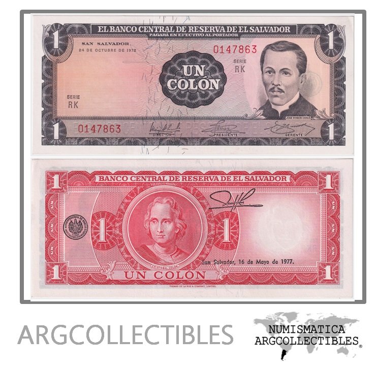 El Salvador Billete 1 Colon 1972 P-115 UNC (Serie RK)