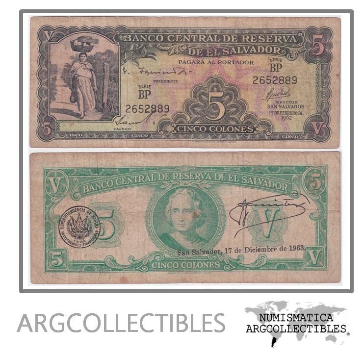 El Salvador Billete 5 Colones 1962 P-102 F+ (Serie BP)