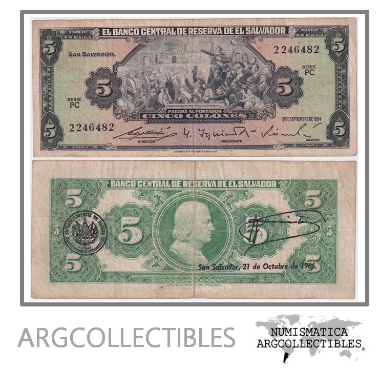 El Salvador Billete 5 Colones 1964 P-106 VF (Serie PC)