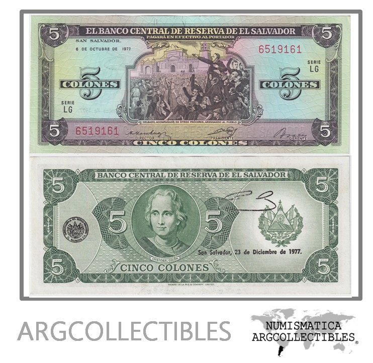 El Salvador Billete 5 Colones 1977 P-126 UNC (SERIE LG)