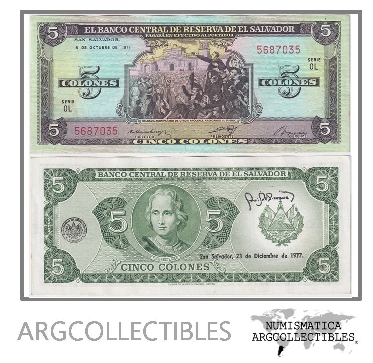 El Salvador Billete 5 Colones 1977 P-126 UNC (SERIE OL)