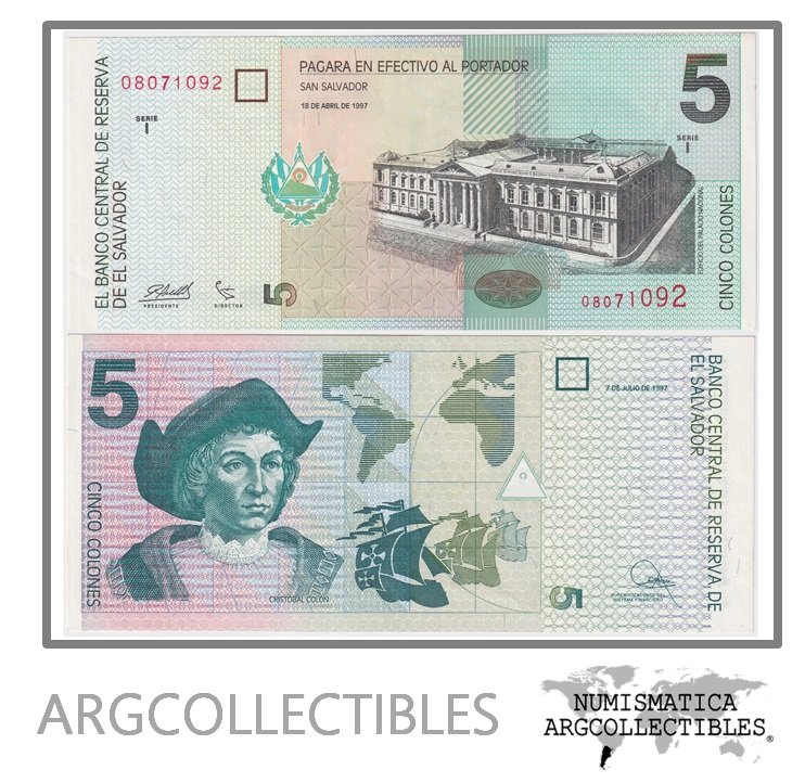 El Salvador Billete 5 Colones 1997 P-147a UNC (Serie I)