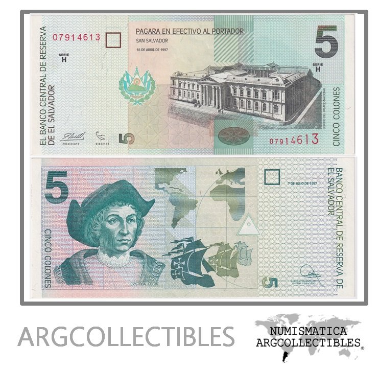 El Salvador Billete 5 Colones 1997 P-147a UNC (Serie H)