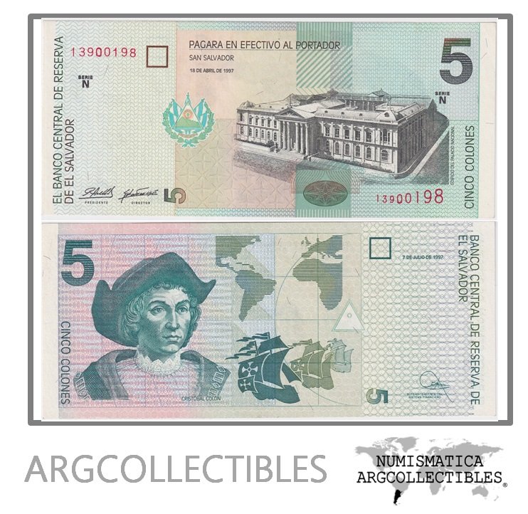 El Salvador Billete 5 Colones 1997 P-147a UNC (Serie N)