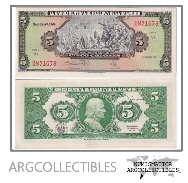 El Salvador Billete 5 Colones 1988 P-134b UNC (Serie VX)