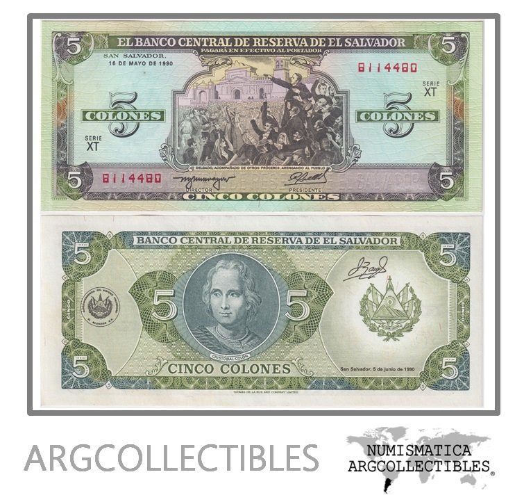 El Salvador Billete 5 Colones 1990 P-138 UNC (Serie XT)