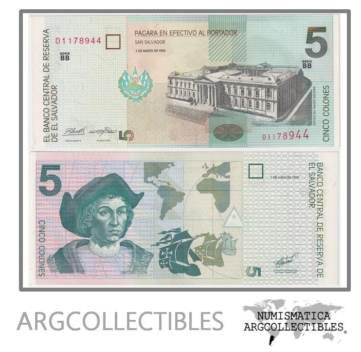 El Salvador Billete 5 Colones 1998 P-147b UNC (Serie BB)