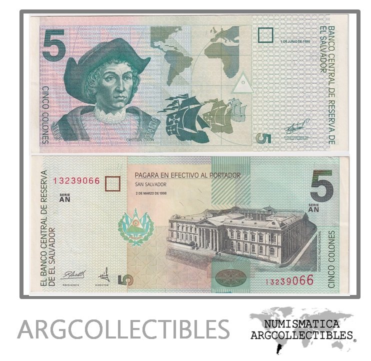 El Salvador Billete 5 Colones 1998 P-147b AU (Serie AN)