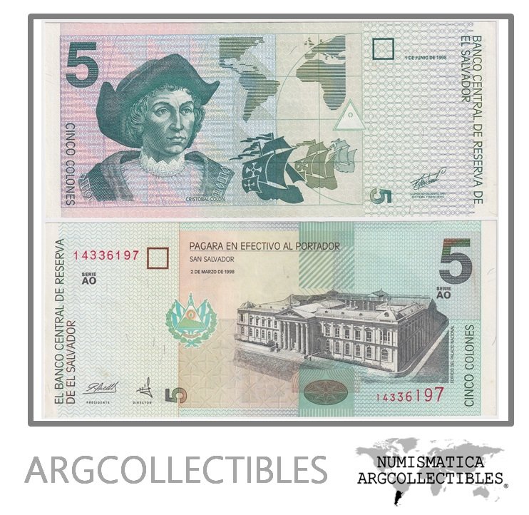 El Salvador Billete 5 Colones 1998 P-147b AU (Serie AO)