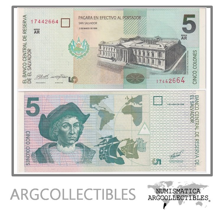 El Salvador Billete 5 Colones 1998 P-147b UNC (Serie AR)
