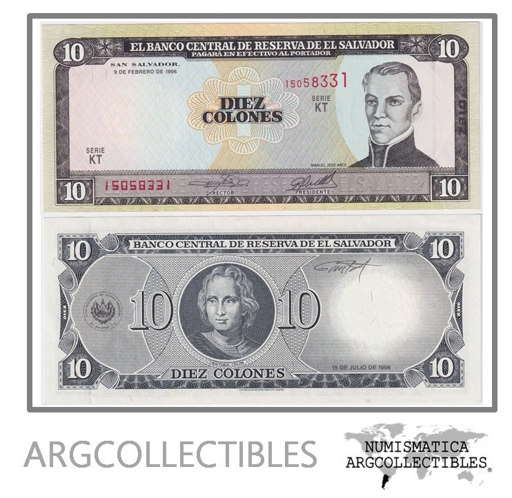 El Salvador Billete 10 Colones 1996 P-144 UNC (Serie KT)