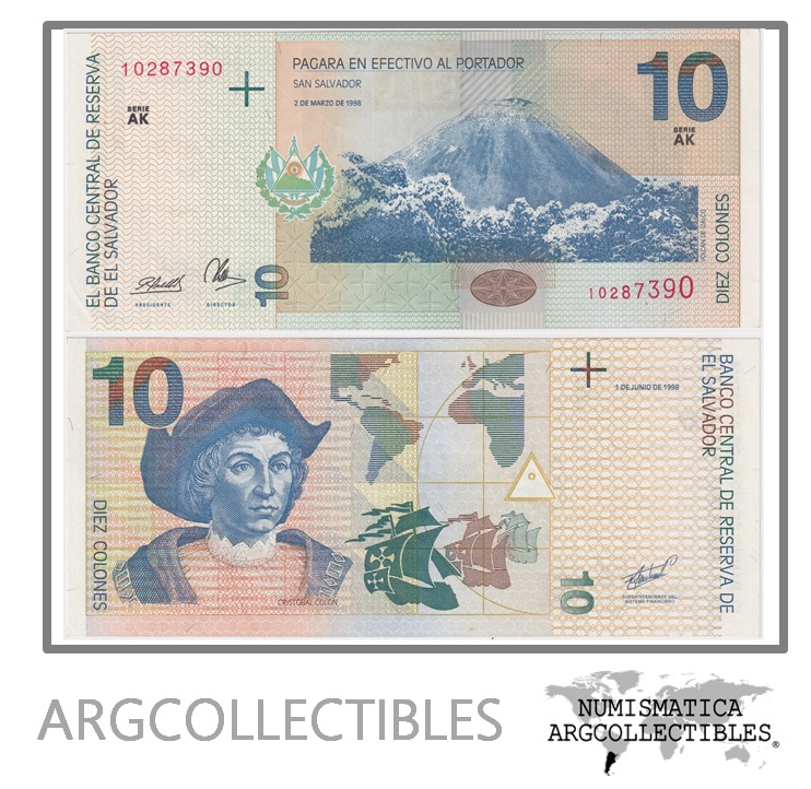 El Salvador Billete 10 Colones 1998 P-148b UNC (Serie AK)