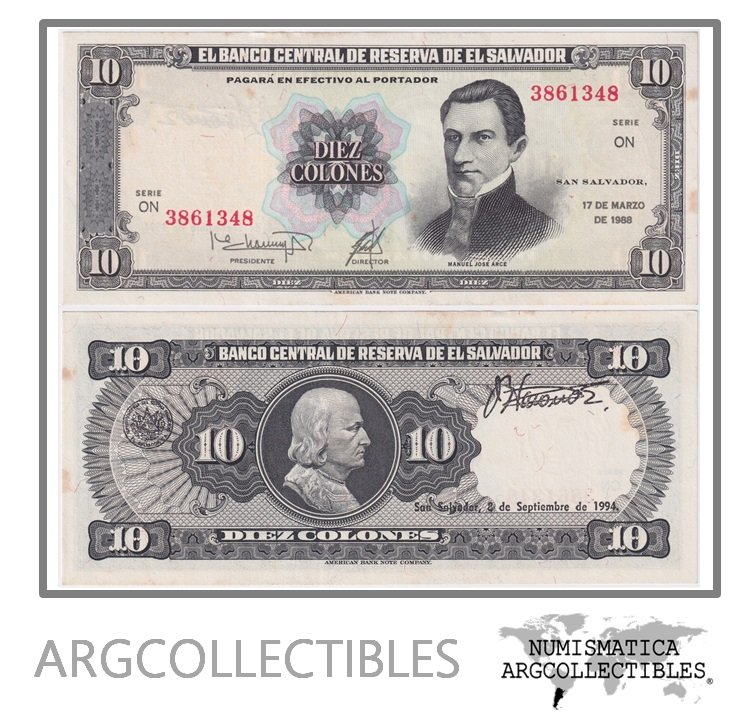 El Salvador Billete 10 Colones 1988 P-135B AU (Serie ON)