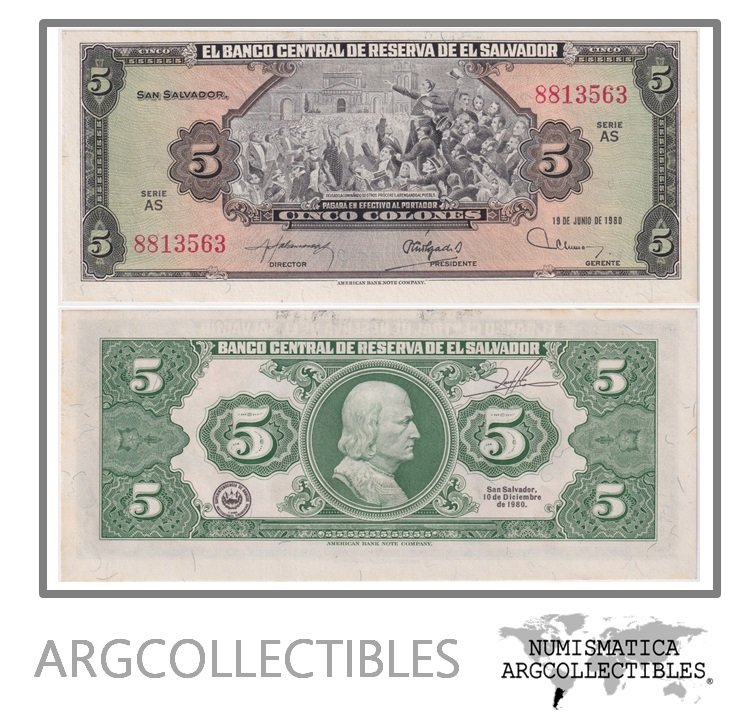 El Salvador Billete 5 Colones 1980 P-132A AU (SERIE AS)