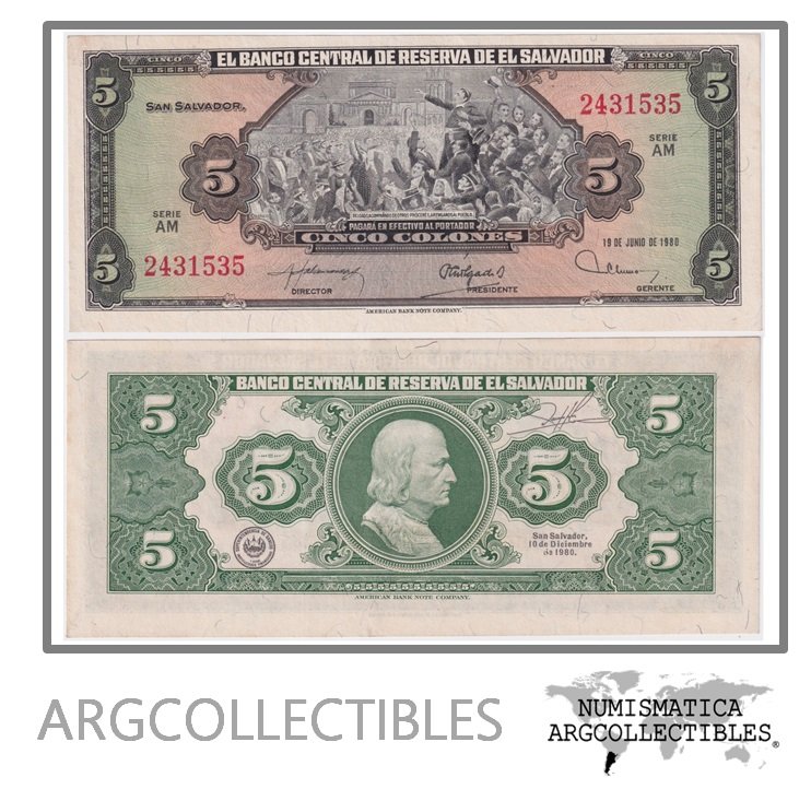 El Salvador Billete 5 Colones 1980 P-132A AU (SERIE AM)