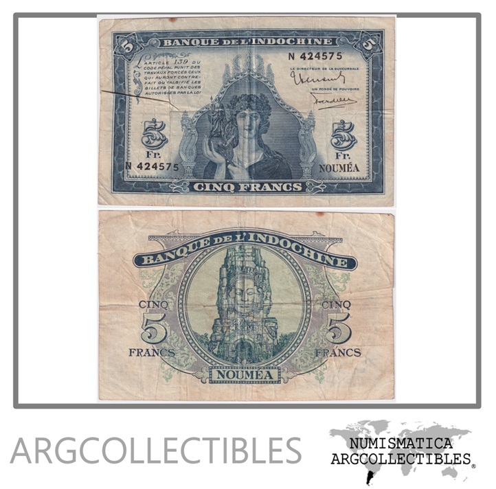 Nueva Caledonia Billete 5 Francos 1944 P-48 VF (Noumea)