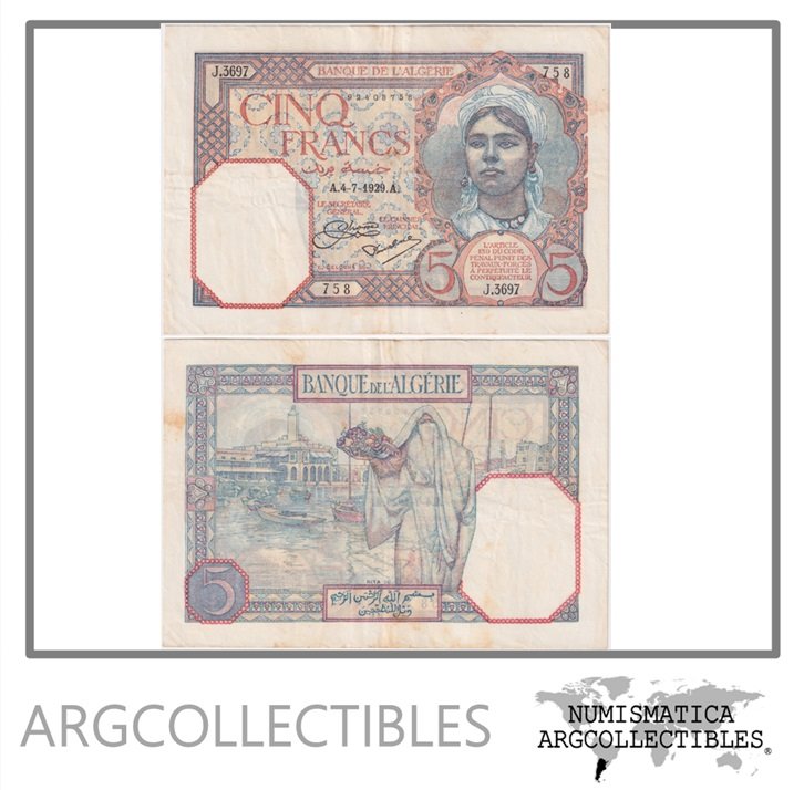 Argelia Billete 5 Francos 1929 P-77a VF+