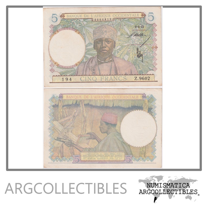 Africa Occidental Francesa Billete 5 Francos 1942 P-21 AU