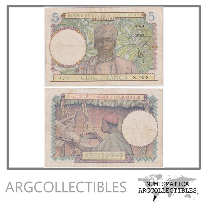 Africa Occidental Francesa Billete 5 Francos 1941 P-21 VF+
