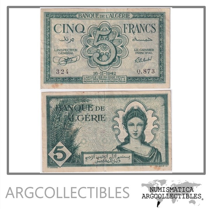 Argelia Billete 5 Francos 1942 P-91 VF+