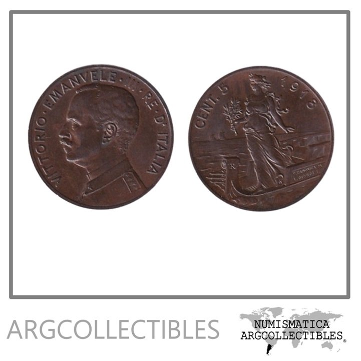Italia Moneda 5 Centesimos 1918 Bronce Vittorio Emanuele III KM-42 AU