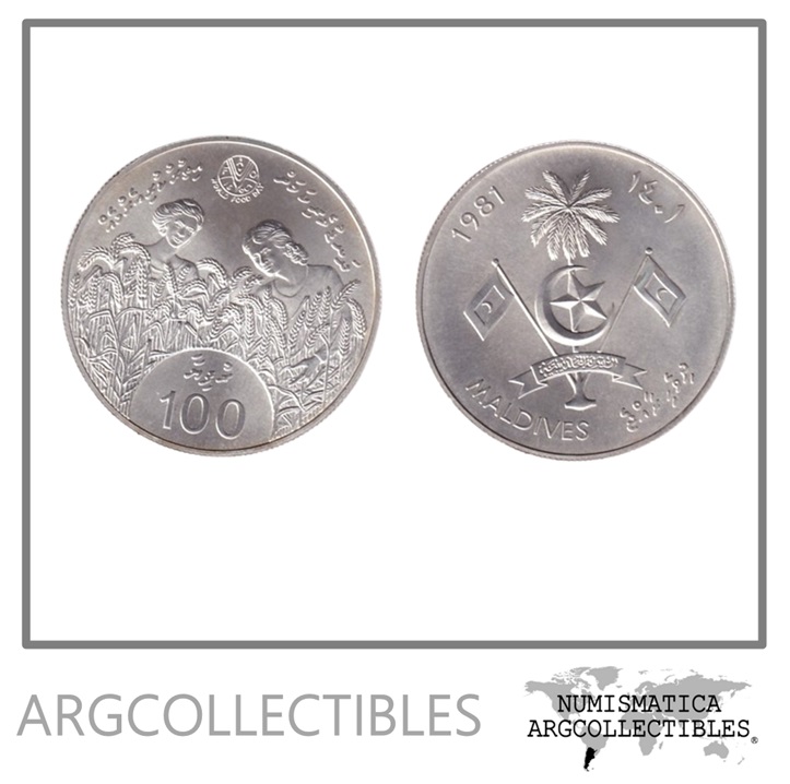 Maldivas Moneda 100 Rufiyaa 1981 FAO Plata 925 KM-64 UNC