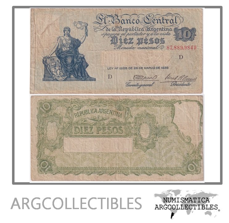 Argentina Billete 10 Pesos 1945 P-253/BOT-1886 F+ (Serie D)