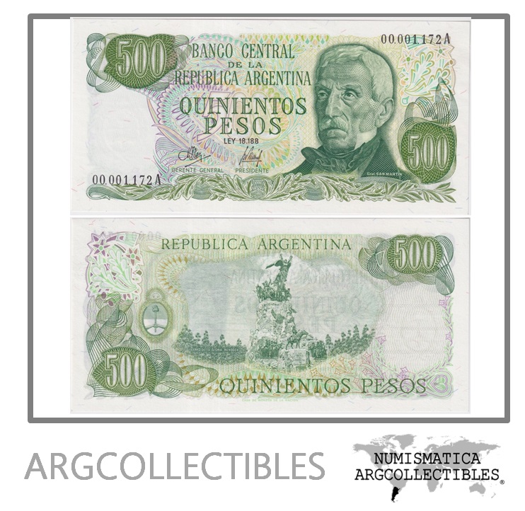 Argentina Billete 500 Pesos 1972 P-292/BOT-2412 UNC (Numero Bajo) (Serie A)