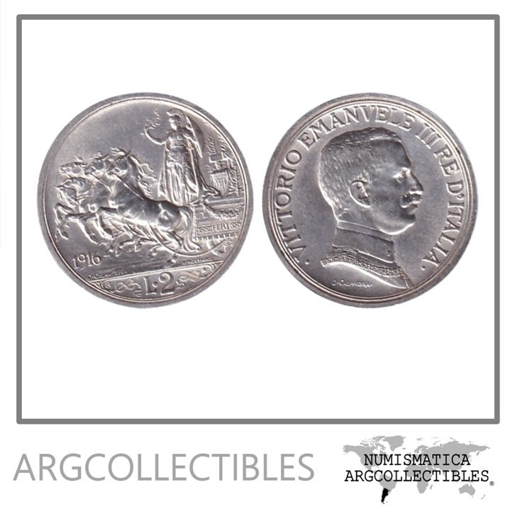 Italia Moneda 2 Liras 1916 Vittorio Emanuele III Plata 835 KM-55 AU