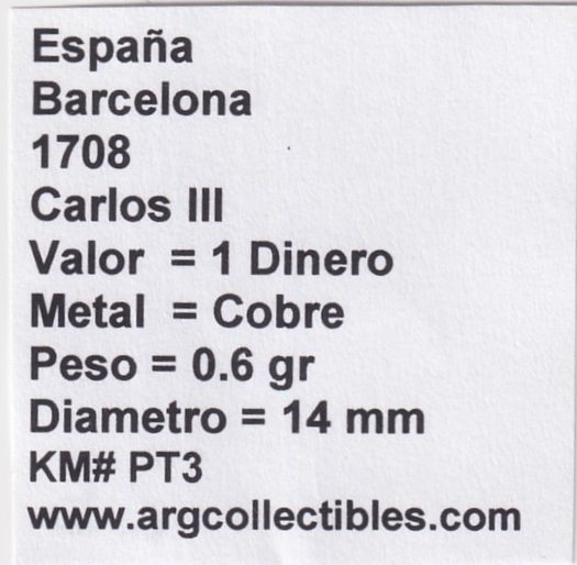 España Barcelona Moneda 1 Dinero Cobre 1708 Carlos III KM-PT3 - Imagen 2