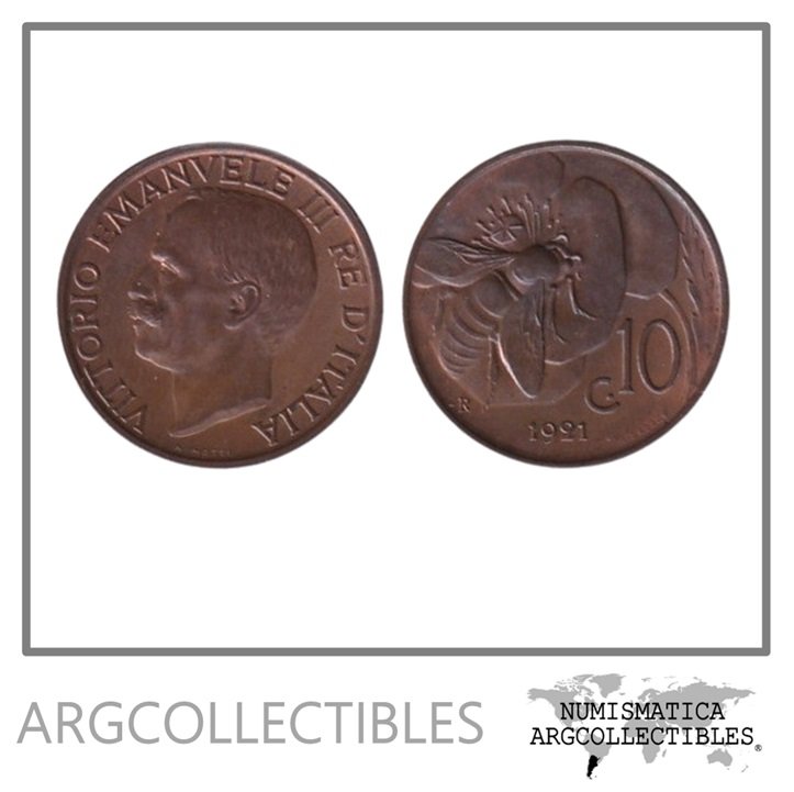 Italia Moneda 10 Centesimos 1921 Victorio Emanuele III Bronce KM-60 UNC