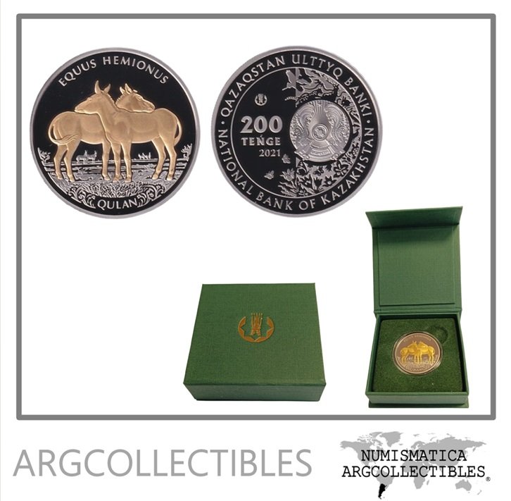 Kazajistan Estuche Moneda 200 Tenge 2021 Caballos Niquel y Baño de Oro Proof